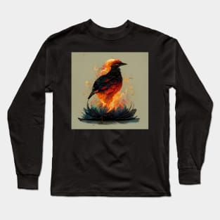 Flame burning bird standing on a blue fire lotus Long Sleeve T-Shirt